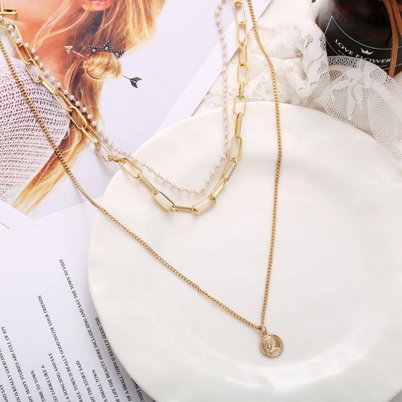 NEW Gold Triple Layer Coin Chain Pearl Necklace - Picture 8 of 9